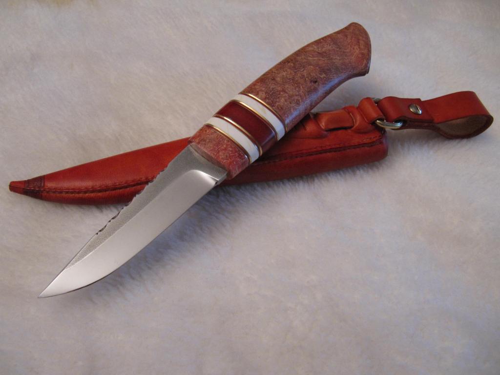 95mm AEB-L blade ash burl corian red fibre engraved and decorated sheath3